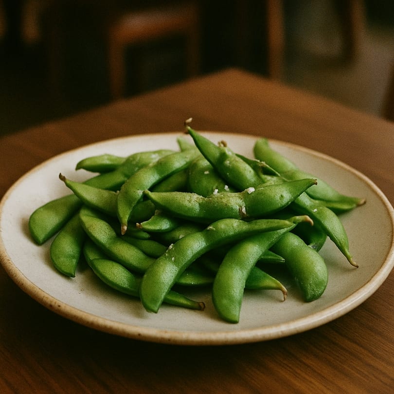 A plate of vibrant green edamame pods, lightly salted, on a wooden table at Sushi Mikasa.