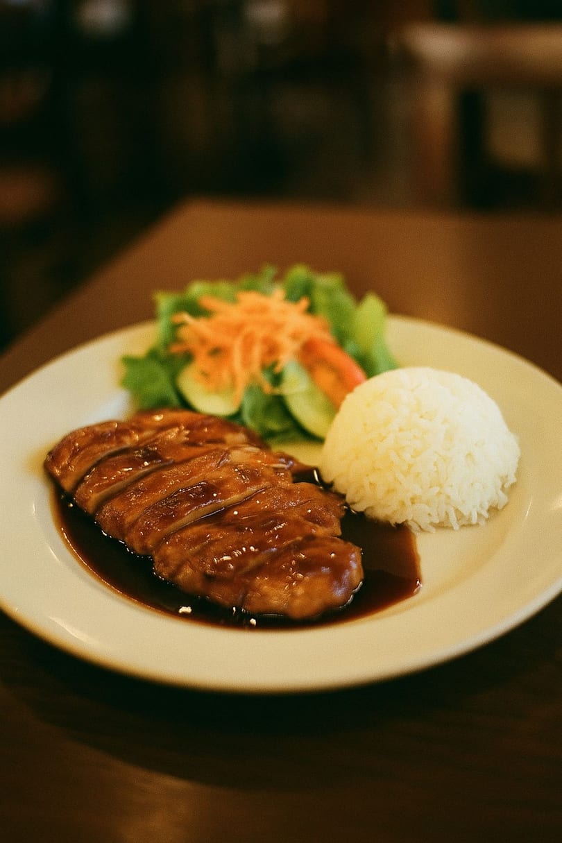 Teriyaki chicken with rice and a side salad on a white plate at Sushi Mikasa.