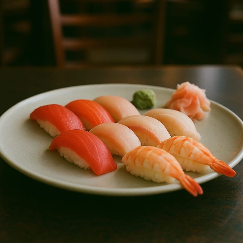 A plate of Sushi Mikasa's nigiri sushi with tuna, white fish, shrimp, wasabi, and ginger.